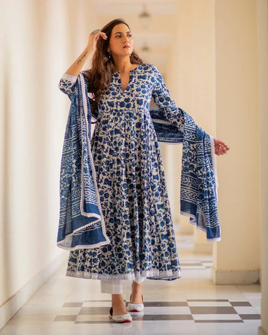 Royal Blue & White Fancy wear Kurti With Bottom Dupatta set