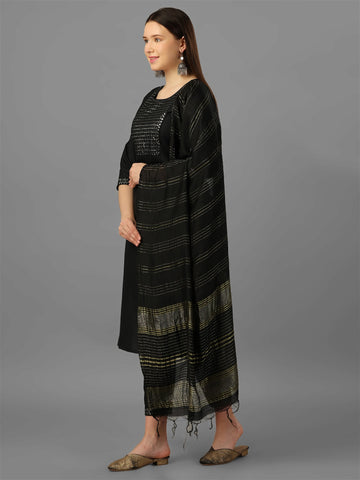 Womens Black Colour Cotton Kurta Pant With Dupatta Set